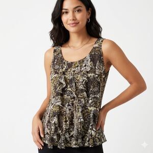 VTG Y2K Relativity Ornate Damask Ruffle-Front Sleeveless Blouse SZ L